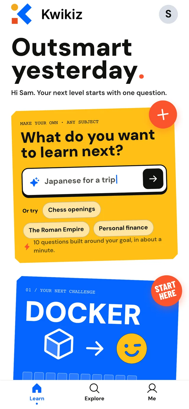 Kwikiz home screen: What do you want to learn next?